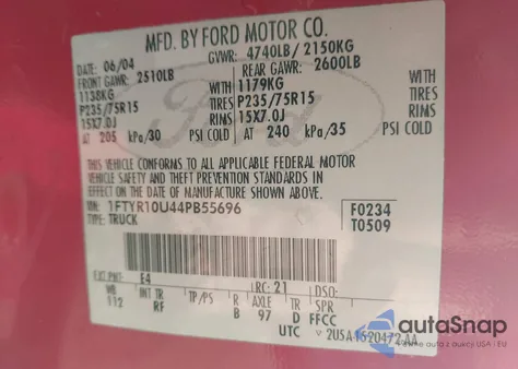 2004 Ford Ranger z USA, uszkodzony, nr VIN 1FTYR10U44PB55696